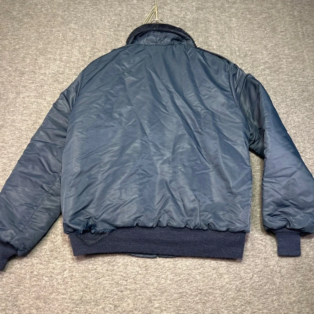 Vintage Timber King Mens Medium Jacket Navy Blue Bomber Fuzzy Collar Insulated‎